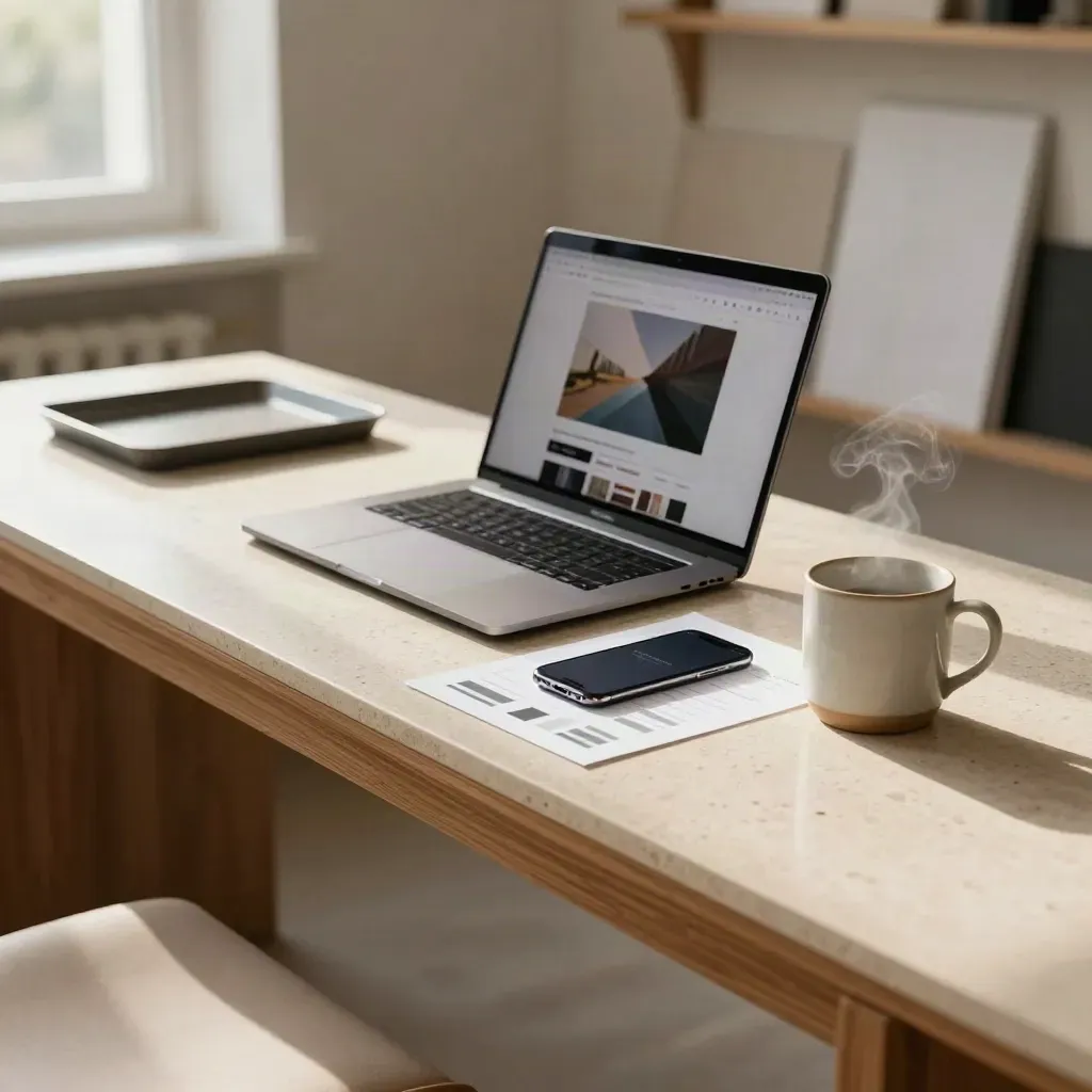 Websiteontwerp in een warme studiohoek met laptop, telefoonscherm, lay-outkaarten en mok.