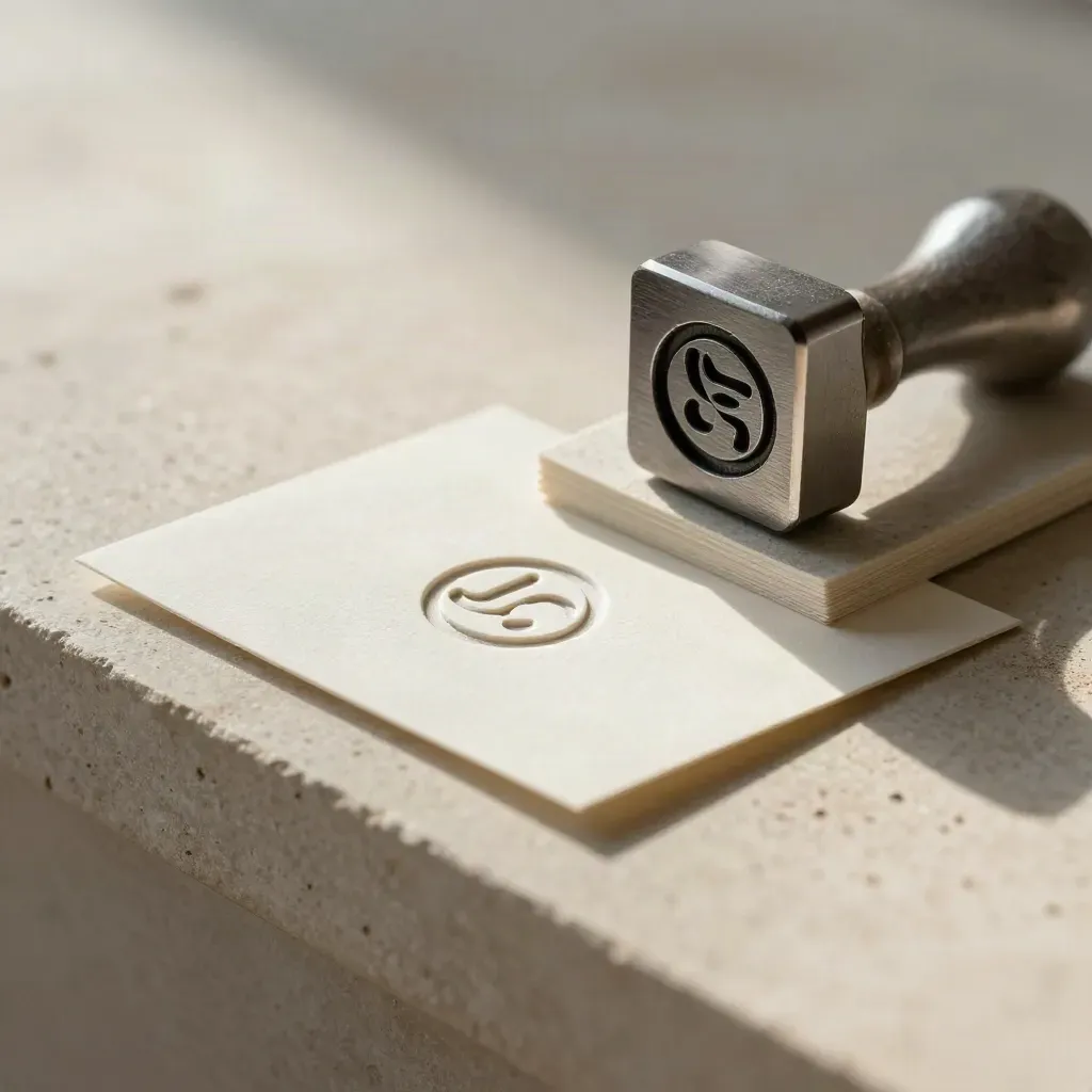 Blind-embossed logo-stempel, proefkaartjes en matte blanks op steen in warm daglicht.