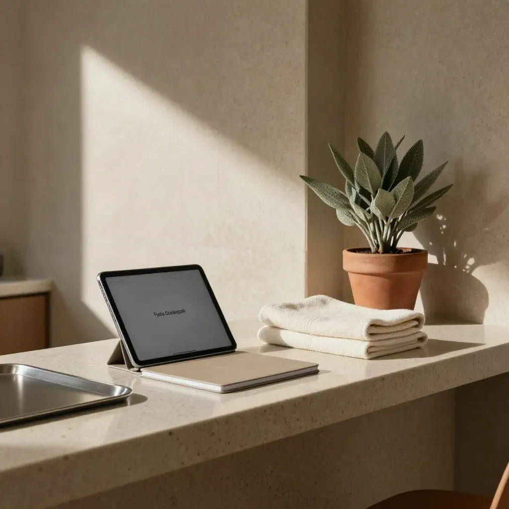 Rustige fysioreceptie met tablet, agenda, handdoeken en plant in ochtendlicht.