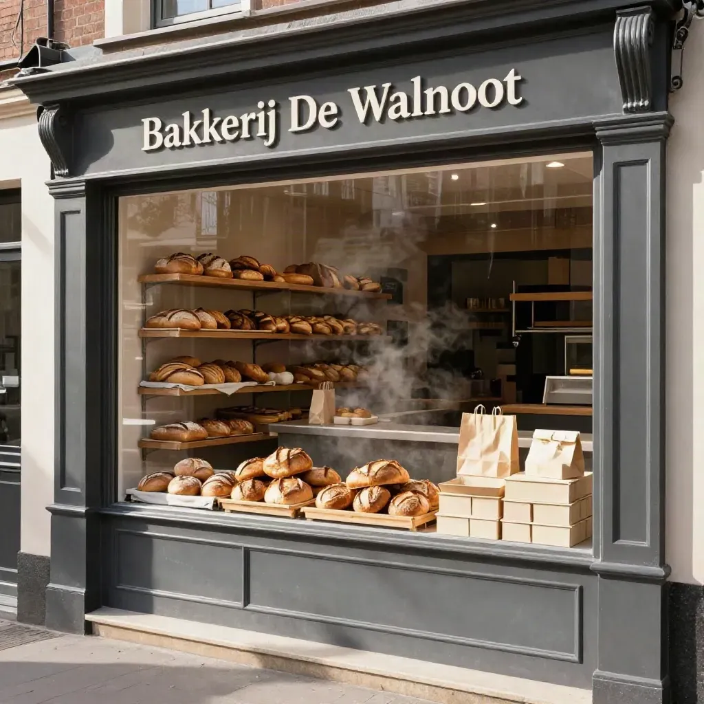 Warme bakkerijgevel met vers brood, papieren zakken en taartdozen in ochtendlicht