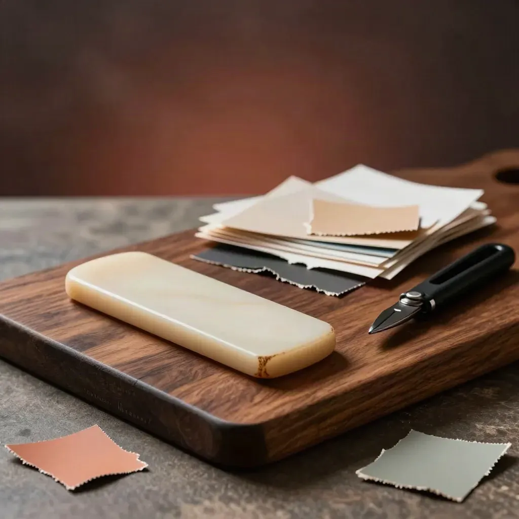 Stilleven van ontwerpersgereedschap: vouwbeen, papiersnippers, stalen kleurstalen en een snijmes.
