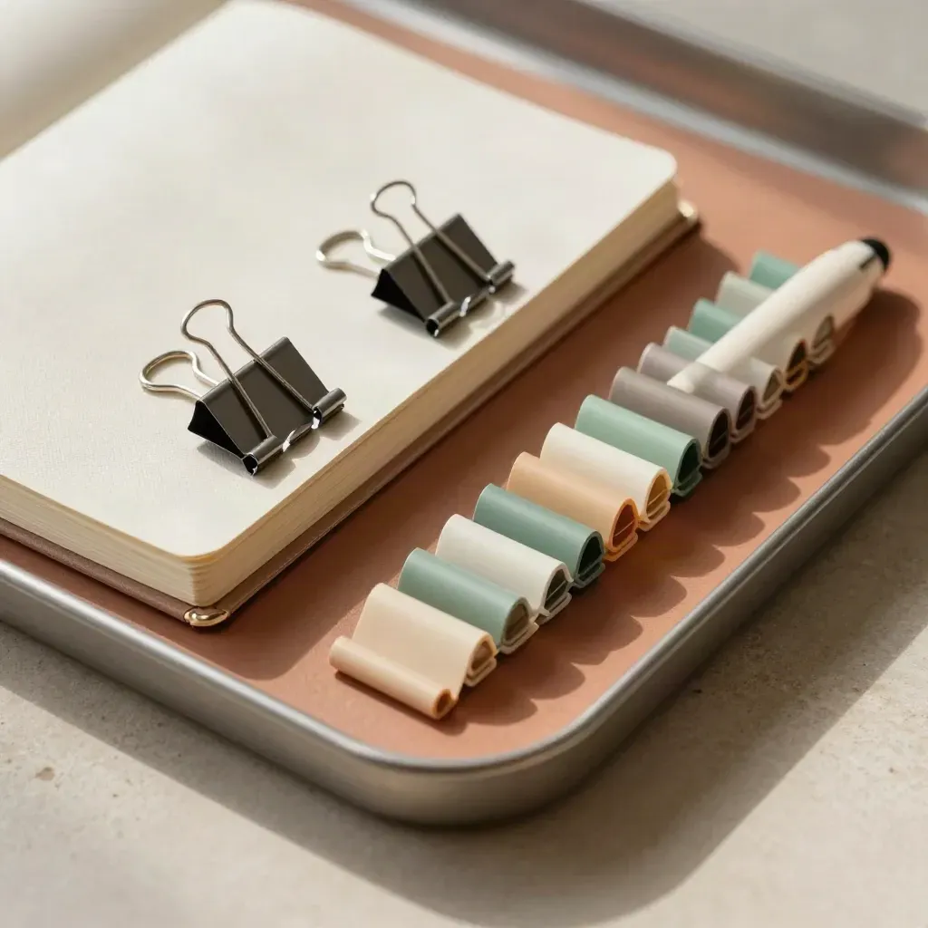 Overhead still life van projectleiders-tray met notebook, tabbladen en penkapjes in rustige saliegroen tinten.