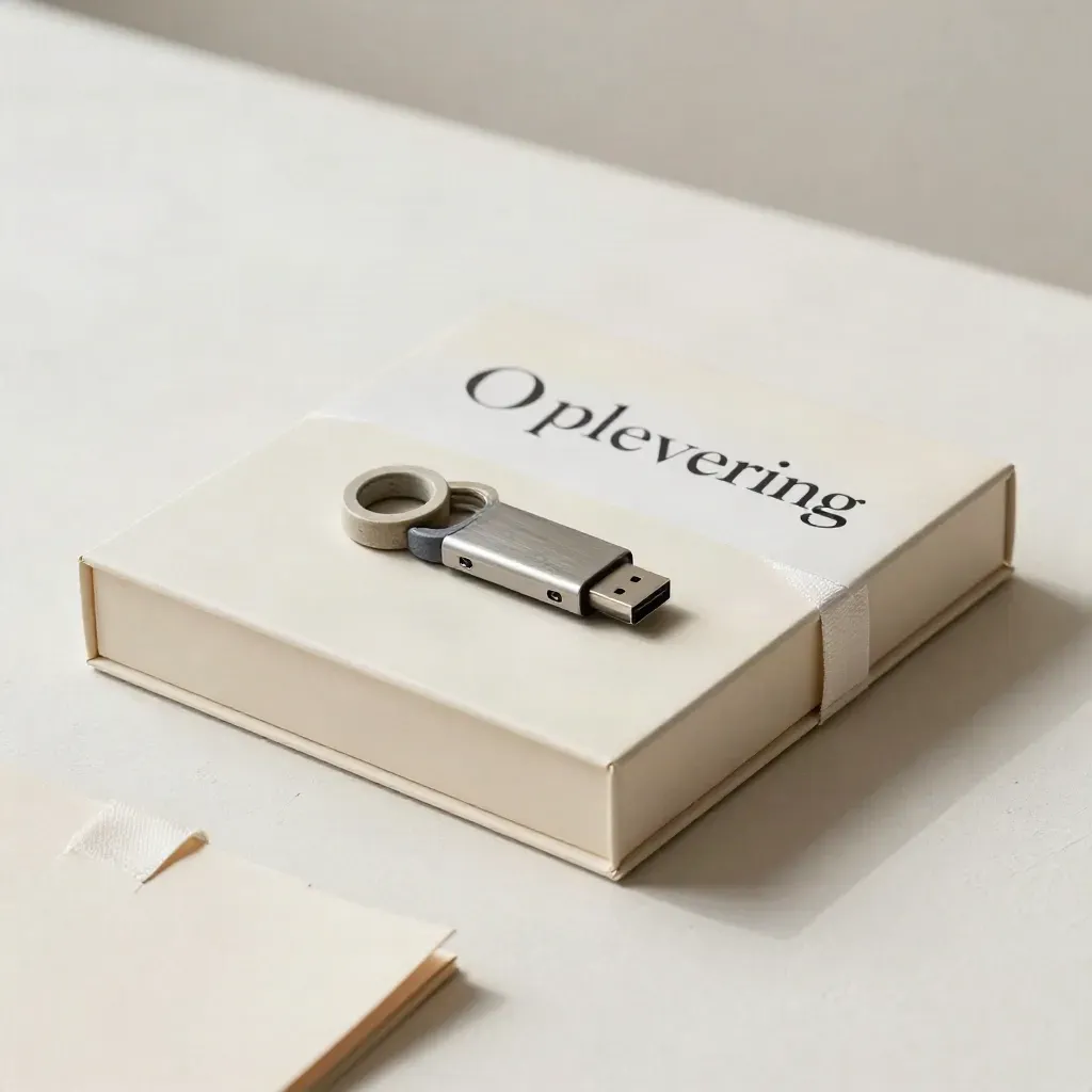 Archiefdoos met usb-stick, stalenringen en lintmap op een ivoorkleurige ondergrond.