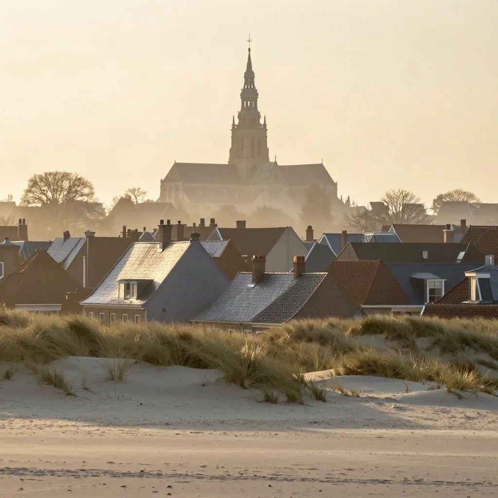 Haarlem en de Grote Kerk boven de duinen in warm ochtendlicht met mist.