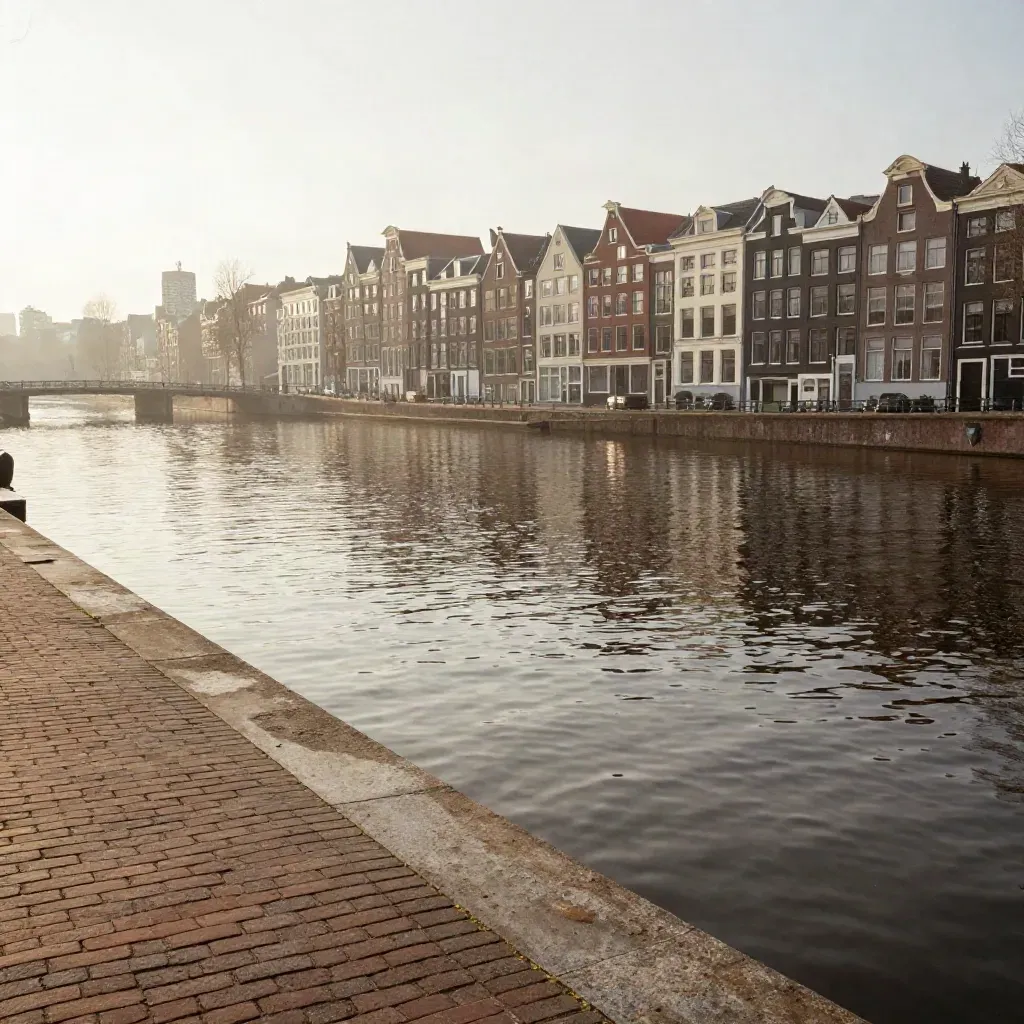 Hazy Amsterdamse skyline boven rustige gracht met terracotta kade en veel open water